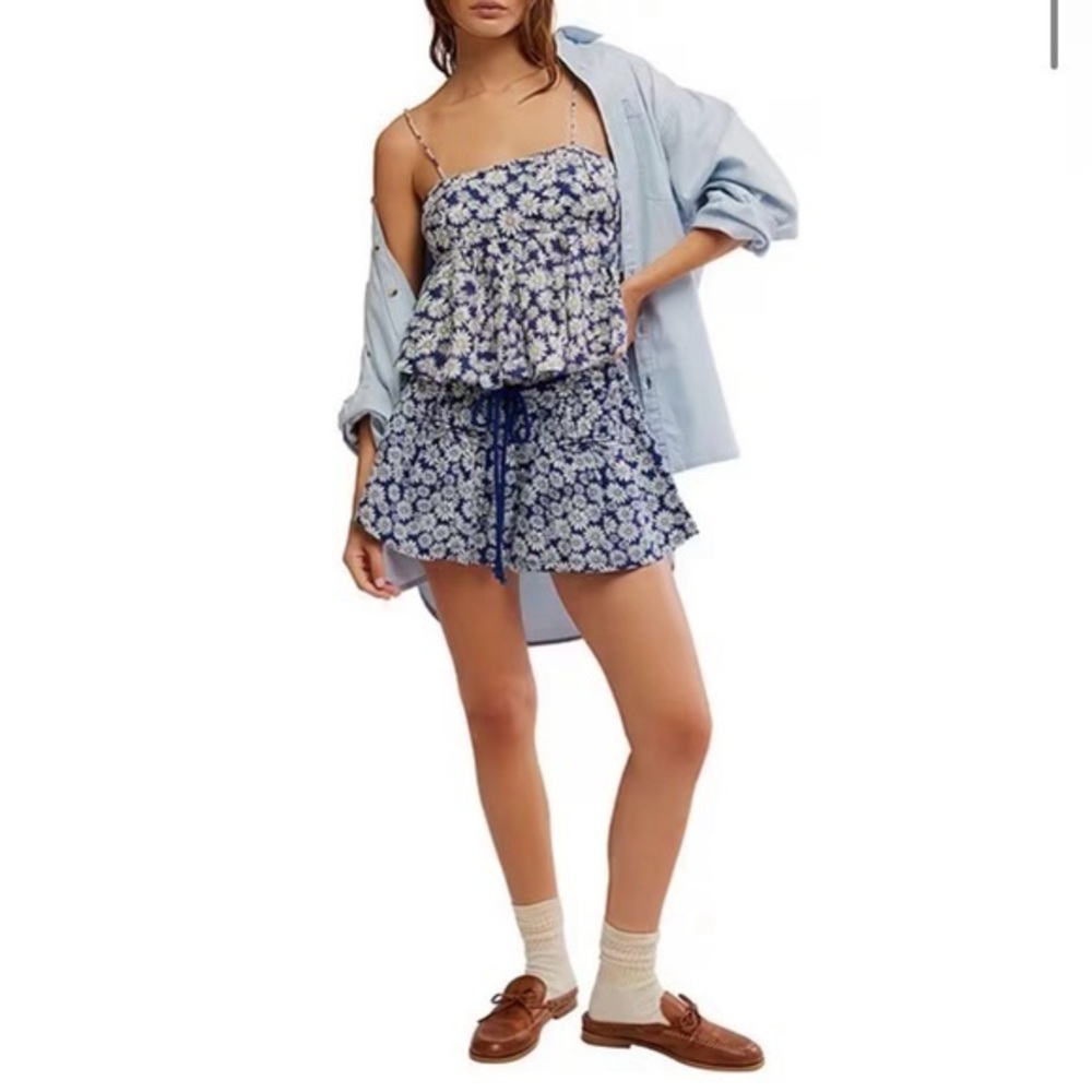 NWT Free People Women's X Large Navy Floral Mia Tank Offbeat Short Set L XL